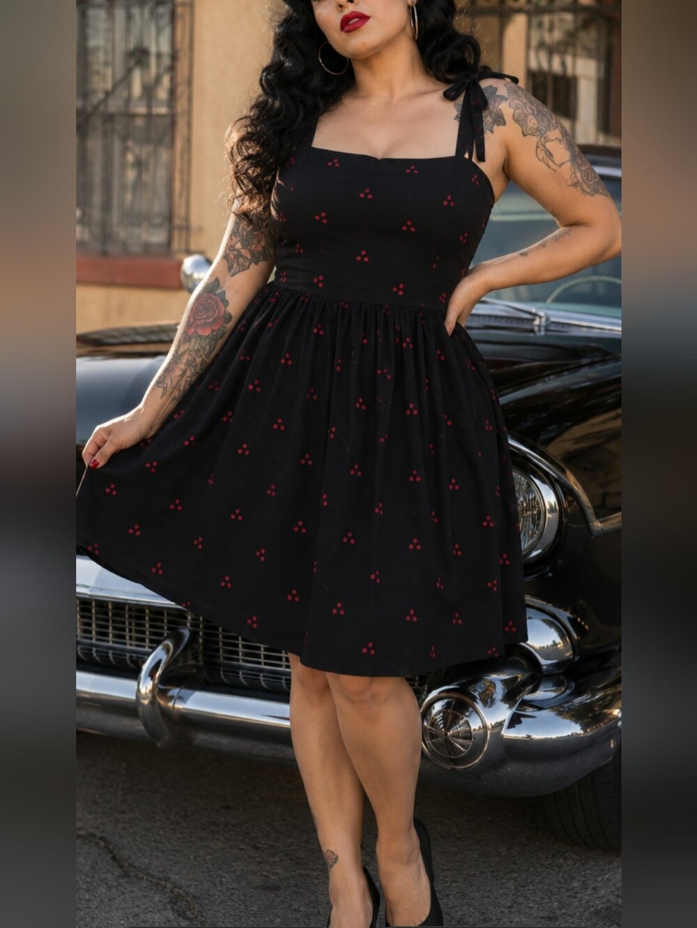 Black Red "My Three Dots" Fit Flare Dress 14 Chicana Mexicali Tattoo Culture Pin